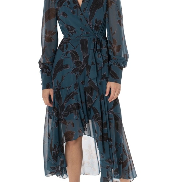Taylor V-neck long sleeve tie waist floral burnout chiffon dress : Size :10 - Picture 2 of 5